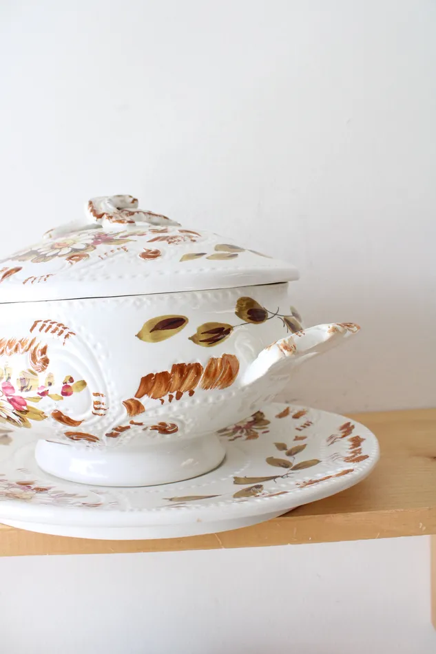 Jubilee Thrift Earrings Vintage Italy Made Hand Painted Floral Leaves Soup Tureen Tray