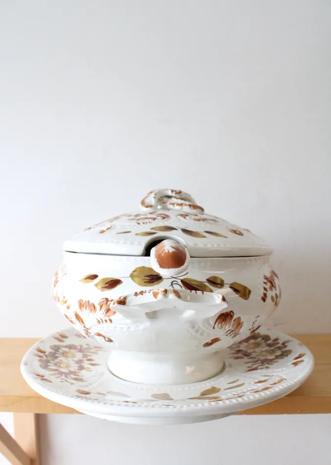 Jubilee Thrift Earrings Vintage Italy Made Hand Painted Floral Leaves Soup Tureen Tray