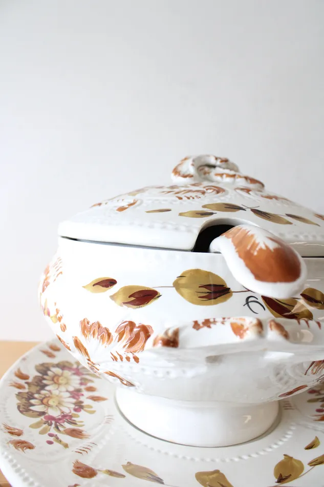 Jubilee Thrift Earrings Vintage Italy Made Hand Painted Floral Leaves Soup Tureen Tray