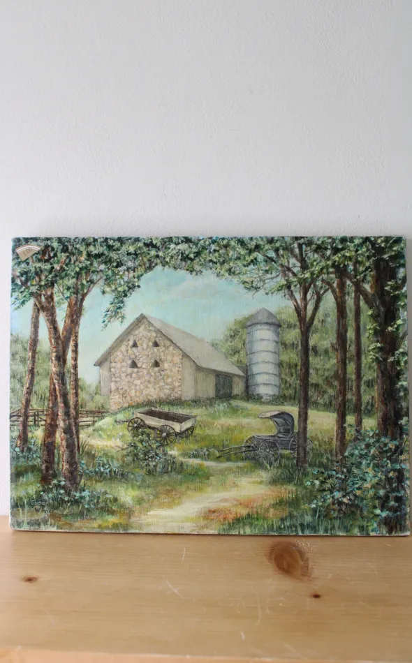 Jubilee Thrift Rings Susan Wimer Stone Barn Farm Canvas Painting 16X12