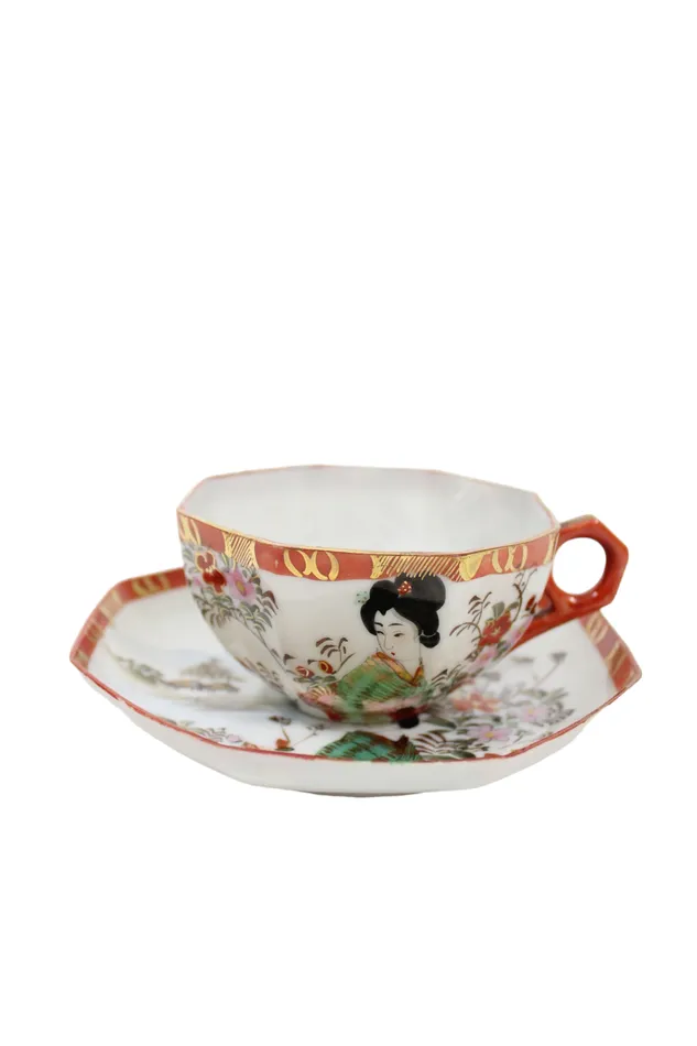 Jubilee Thrift Vintage Octagon Painted Geisha Teacup Earrings