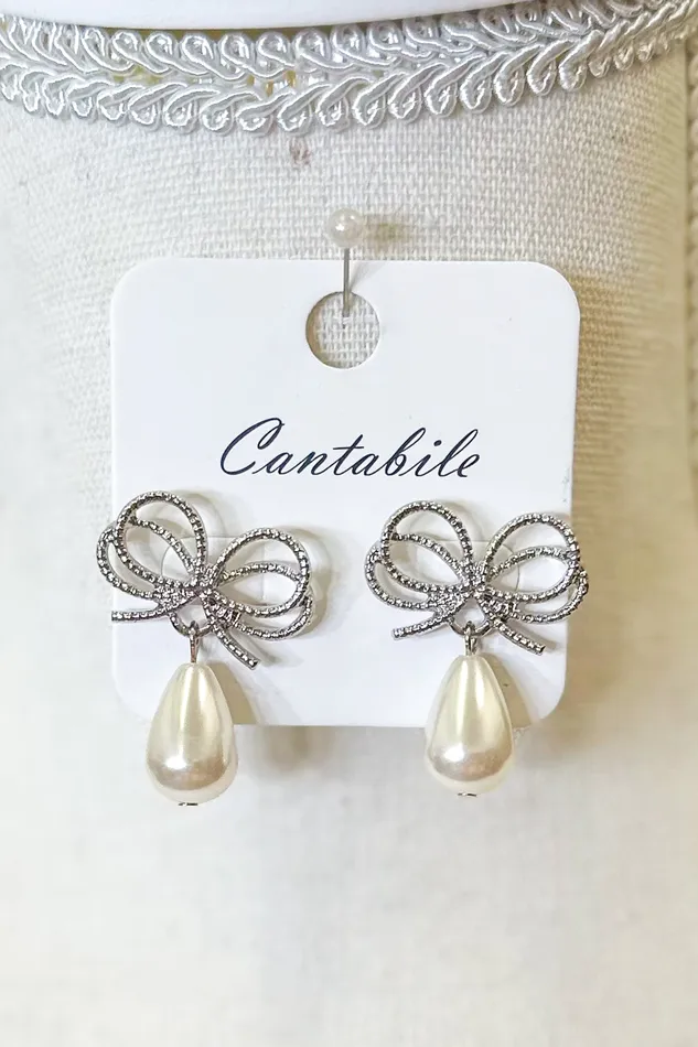 Judson Earrings Metal Bow Post Drop Earrings With Pearl Dangles Silver