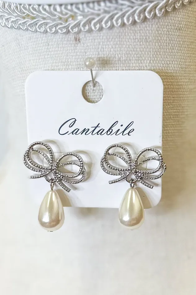 Judson Earrings Metal Bow Post Drop Earrings With Pearl Dangles Silver