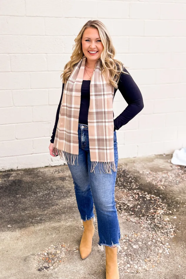 Judson Necklaces Plaid Ultra Soft Scarf With Fringe Beige