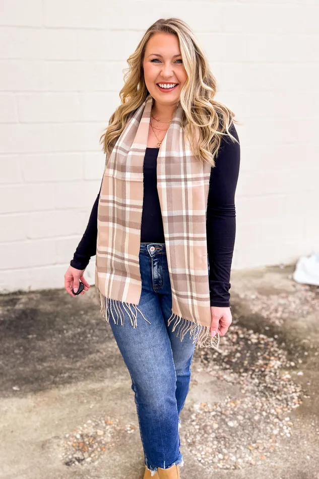 Judson Necklaces Plaid Ultra Soft Scarf With Fringe Beige Judson Necklaces Plaid Ultra Soft Scarf With Fringe Beige