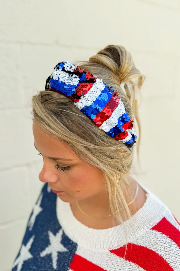 Judson Rings Sequin Patriotic Stripe Headband RedWhiteBlue