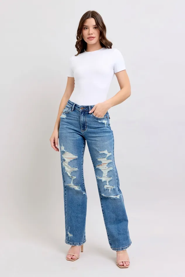 JUDY BLUE HIGH WAIST HEAVY DESTROY STRAIGHT JEAN MEDIUM STONE JUDY BLUE Rings
