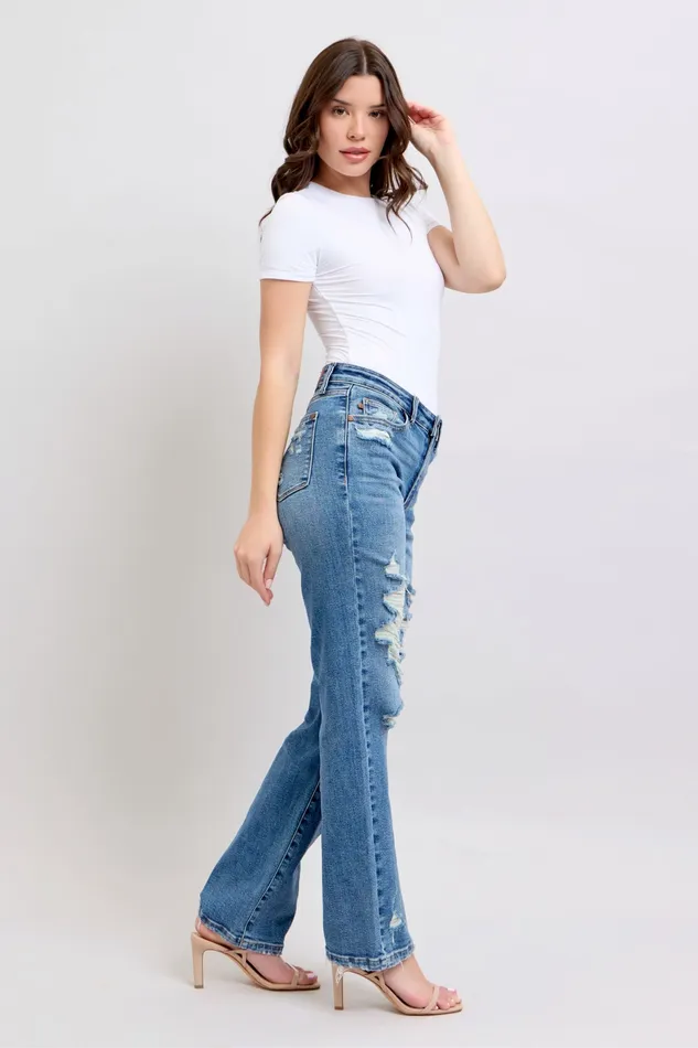 JUDY BLUE HIGH WAIST HEAVY DESTROY STRAIGHT JEAN MEDIUM STONE JUDY BLUE Rings
