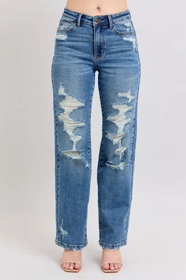 JUDY BLUE HIGH WAIST HEAVY DESTROY STRAIGHT JEAN MEDIUM STONE JUDY BLUE Rings