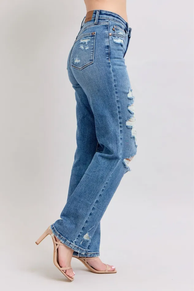 JUDY BLUE HIGH WAIST HEAVY DESTROY STRAIGHT JEAN MEDIUM STONE JUDY BLUE Rings