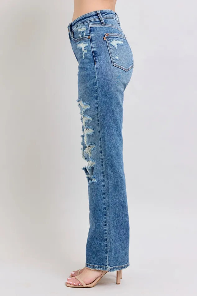 JUDY BLUE HIGH WAIST HEAVY DESTROY STRAIGHT JEAN MEDIUM STONE JUDY BLUE Rings