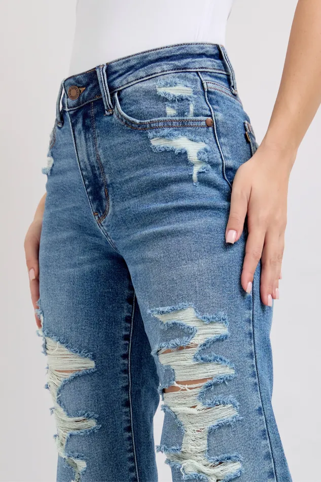 JUDY BLUE HIGH WAIST HEAVY DESTROY STRAIGHT JEAN MEDIUM STONE JUDY BLUE Rings