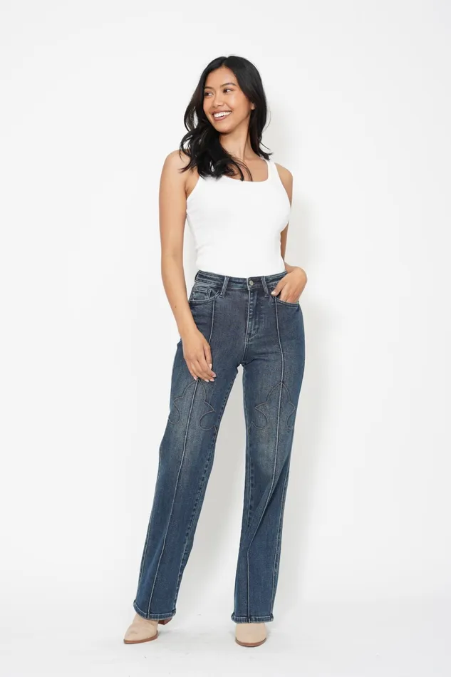 JUDY BLUE HIGH WAIST WESTERN SEAM DETAIL STRAIGHT JEAN DARK STONE JUDY BLUE Rings