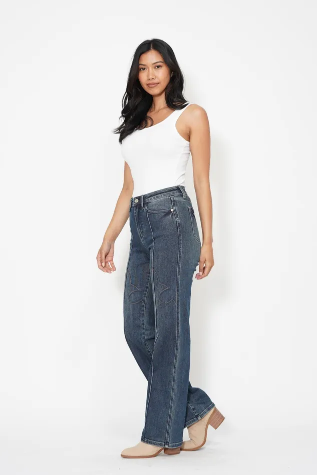 JUDY BLUE HIGH WAIST WESTERN SEAM DETAIL STRAIGHT JEAN DARK STONE JUDY BLUE Rings