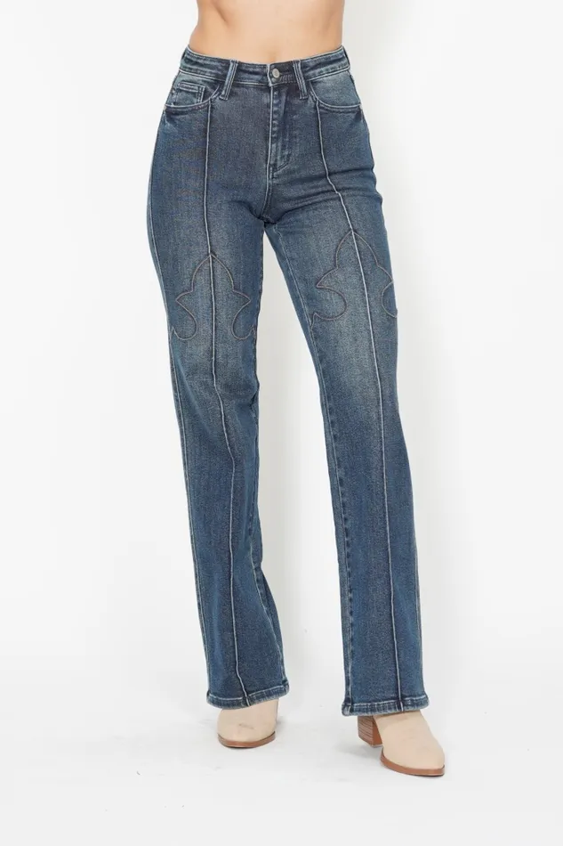 JUDY BLUE HIGH WAIST WESTERN SEAM DETAIL STRAIGHT JEAN DARK STONE JUDY BLUE Rings