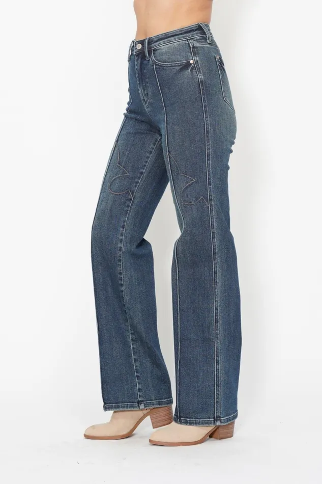 JUDY BLUE HIGH WAIST WESTERN SEAM DETAIL STRAIGHT JEAN DARK STONE JUDY BLUE Rings