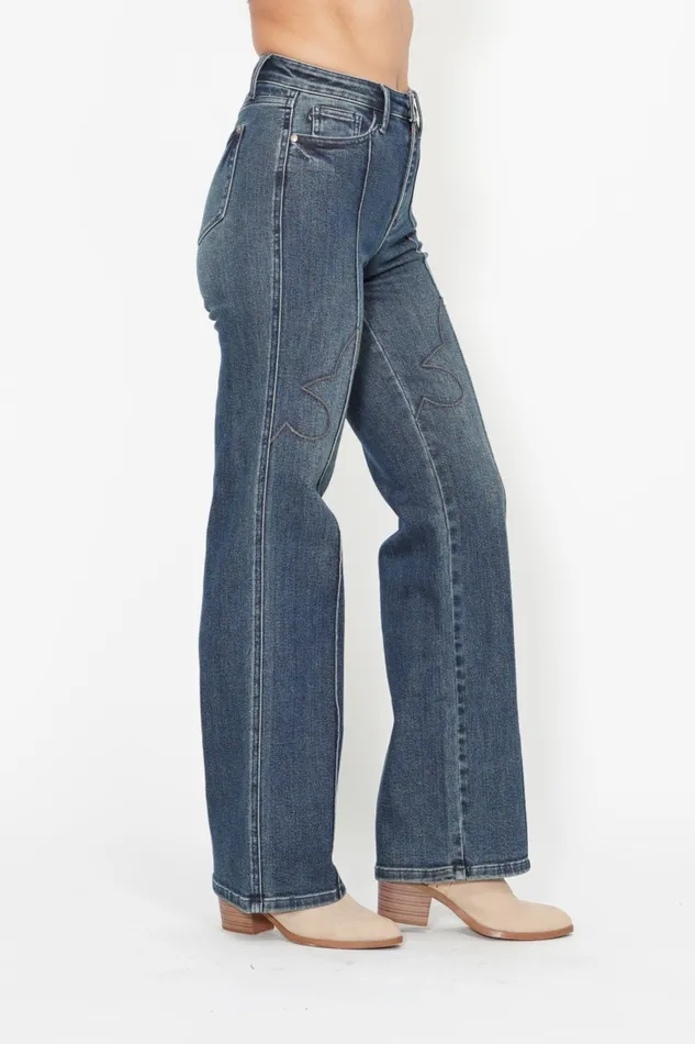 JUDY BLUE HIGH WAIST WESTERN SEAM DETAIL STRAIGHT JEAN DARK STONE JUDY BLUE Rings