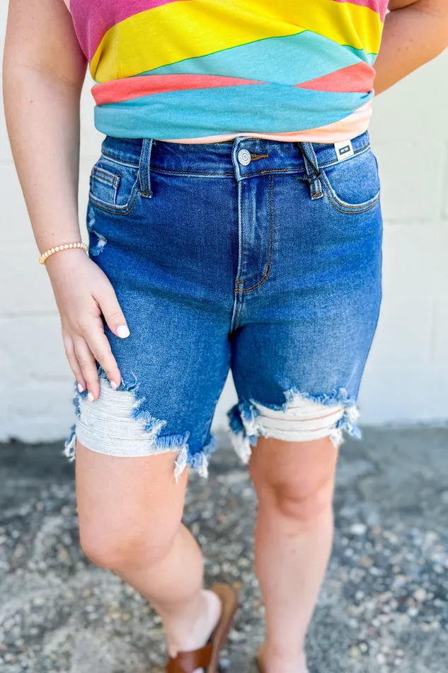 Judy Blue Rings Judy Blue Asher Mid Rise Destroy Fray Hem Denim Short