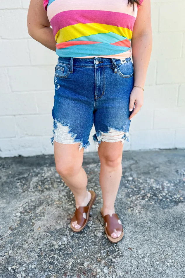 Judy Blue Rings Judy Blue Asher Mid Rise Destroy Fray Hem Denim Short