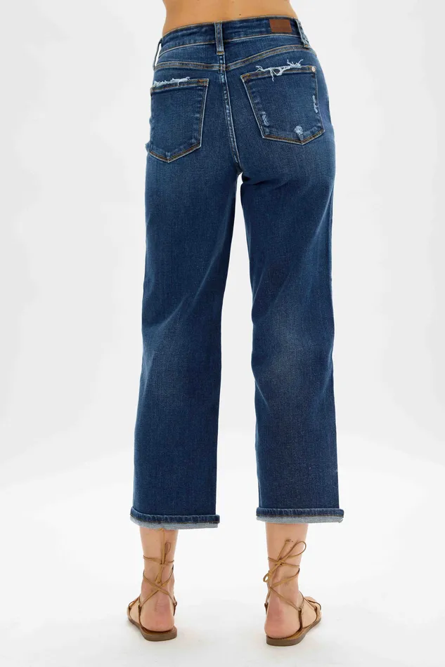 JUDY BLUE Rings JUDY BLUE HIGH WAIST MEDIUM DESTROYED POCKET WIDE LEG DARK STONE