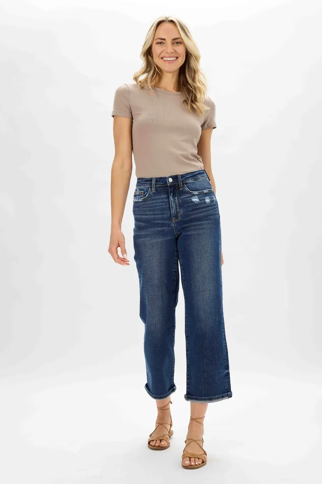 JUDY BLUE Rings JUDY BLUE HIGH WAIST MEDIUM DESTROYED POCKET WIDE LEG DARK STONE