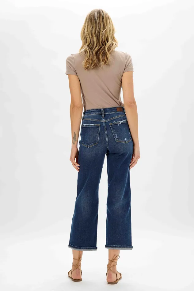 JUDY BLUE Rings JUDY BLUE HIGH WAIST MEDIUM DESTROYED POCKET WIDE LEG DARK STONE