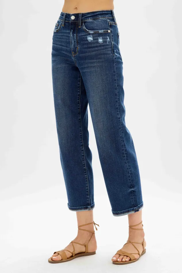 JUDY BLUE Rings JUDY BLUE HIGH WAIST MEDIUM DESTROYED POCKET WIDE LEG DARK STONE