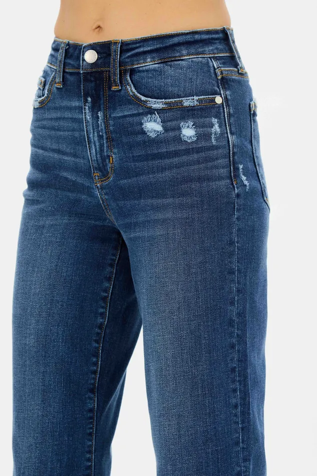 JUDY BLUE Rings JUDY BLUE HIGH WAIST MEDIUM DESTROYED POCKET WIDE LEG DARK STONE