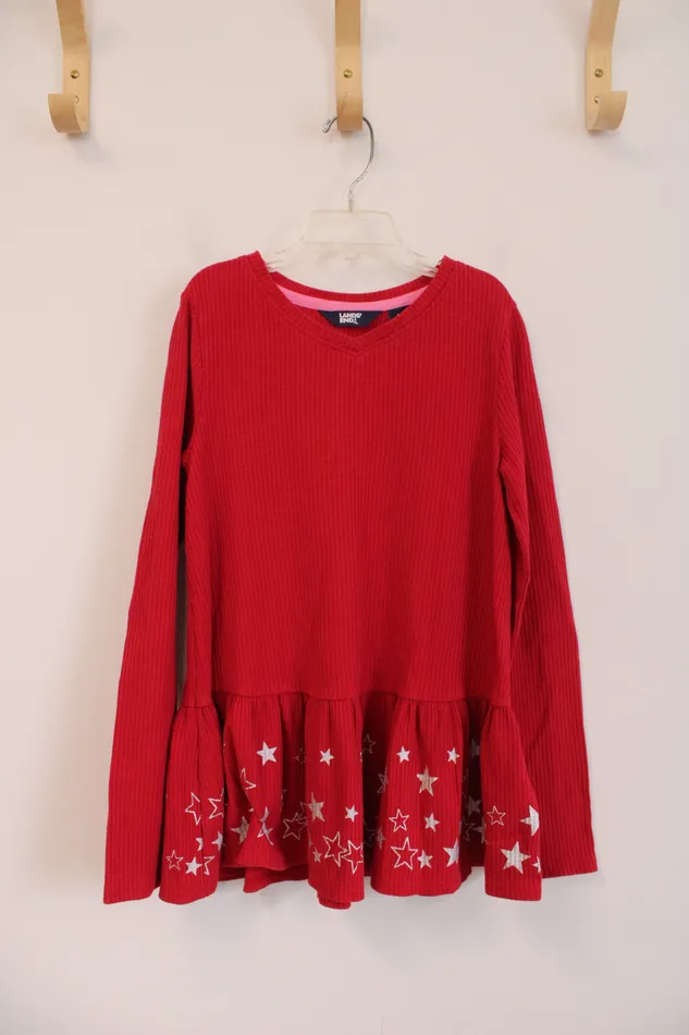 Lands End Red Ruffle Top w Silver Stars L 1012 Lands End Rings