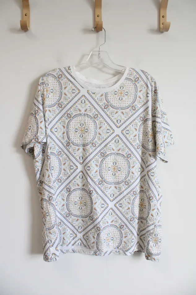 Lands End Rings Lands End White Brown Yellow Blue Patterned Top 1X
