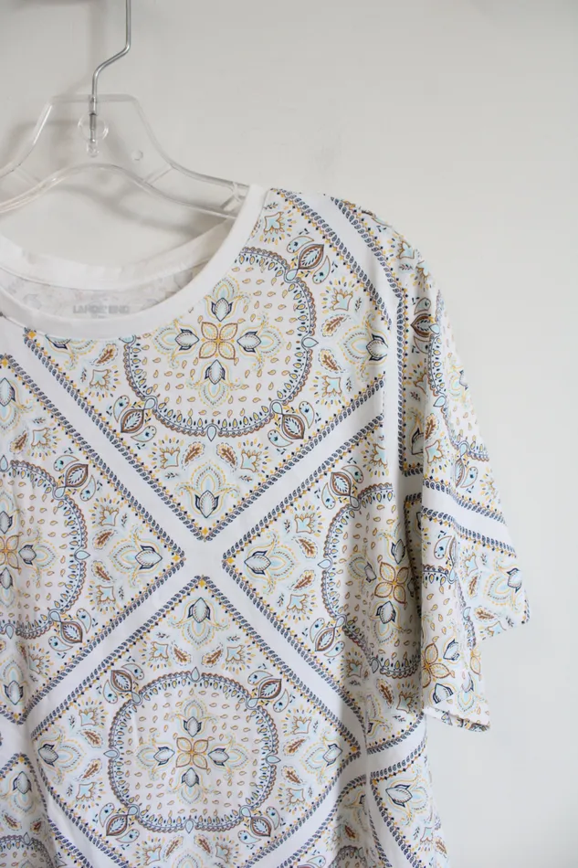 Lands End Rings Lands End White Brown Yellow Blue Patterned Top 1X