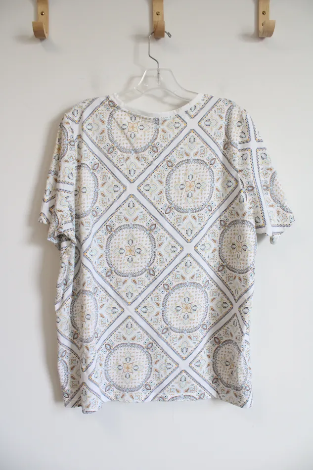 Lands End Rings Lands End White Brown Yellow Blue Patterned Top 1X