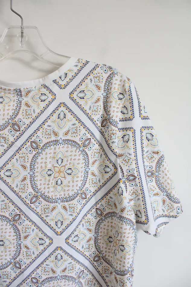 Lands End Rings Lands End White Brown Yellow Blue Patterned Top 1X