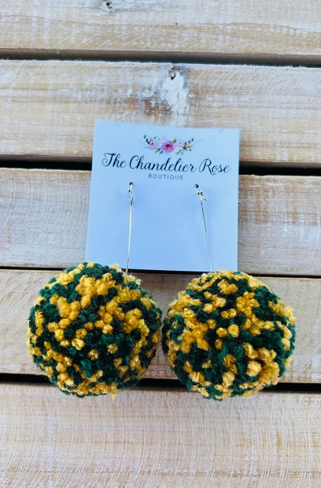 LARGE POM POM EARRINGS GREEN AND GOLD The Chandelier Rose Boutique Earrings