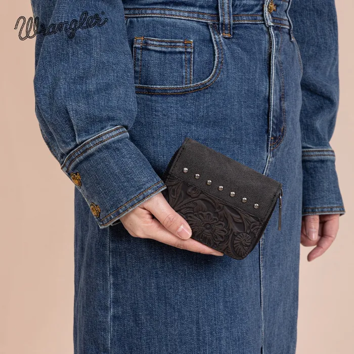 MONTANA WEST Wrangler Western Tooled BiFold Wallet Black Rings