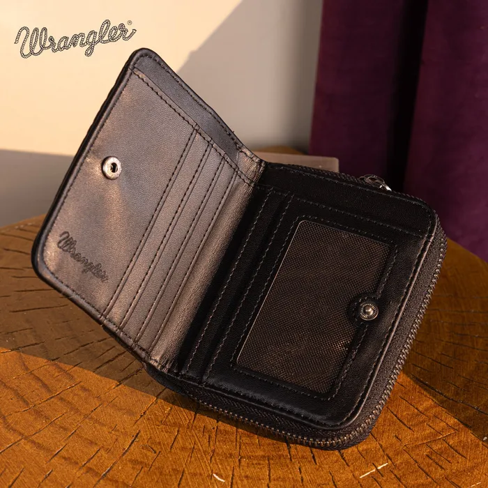 MONTANA WEST Wrangler Western Tooled BiFold Wallet Black Rings