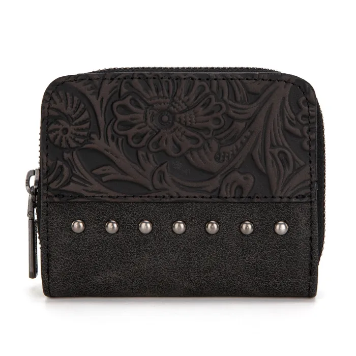 MONTANA WEST Wrangler Western Tooled BiFold Wallet Black Rings