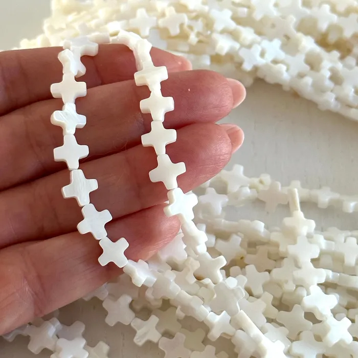 Mother Of Pearl Cross 8mm Beads Natural Mother of Pearl Cross 47 Beads Strand Peppy Beads Necklaces