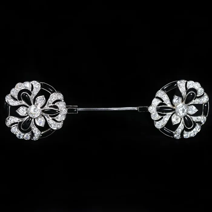 Necklaces Art Deco Platinum 320 CTW Diamond and Onyx Jabot Brooch Jack Pritchard