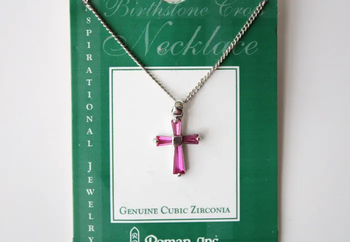 Necklaces Birthstone July Cubic Zirconia Pink Ruby Cross Necklace Roman Inc
