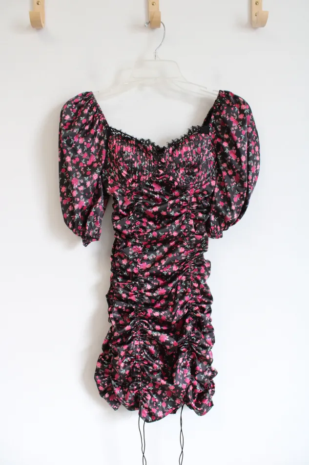 Necklaces For Love Lemons For Love Lemons Black Pink Floral Ruched Dress XXS
