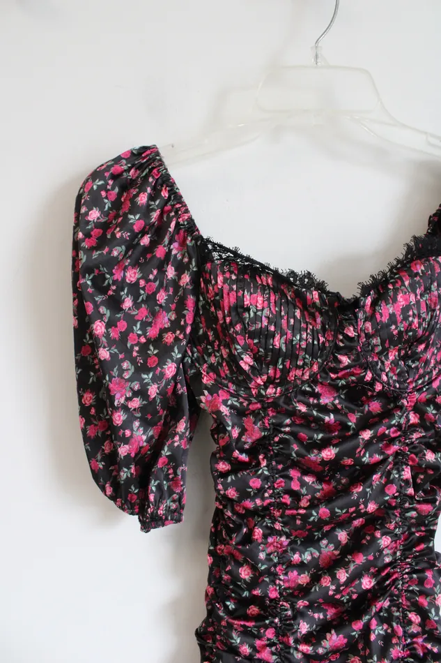 Necklaces For Love Lemons For Love Lemons Black Pink Floral Ruched Dress XXS