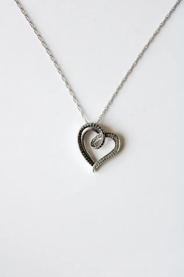 Necklaces Jubilee Thrift Black Clear Stone Open Heart Sterling SIlver Necklace Necklaces Jubilee Thrift Black Clear Stone Open Heart Sterling SIlver Necklace
