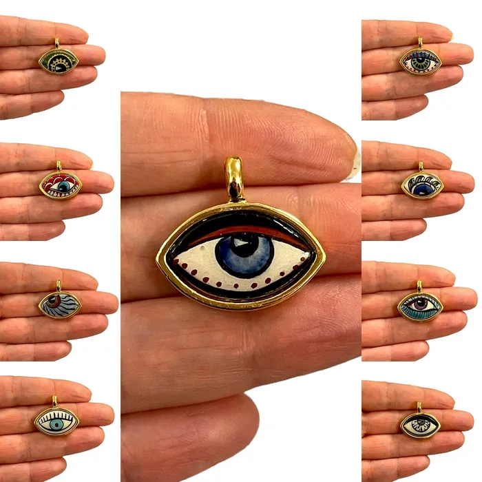Necklaces Peppy Beads 24Kt Gold Plated Hand MadePaint Ceramic Eye Pendant