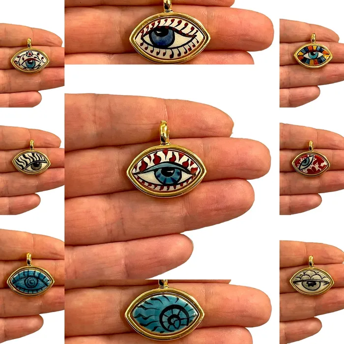 Necklaces Peppy Beads 24Kt Gold Plated Hand MadePaint Ceramic Eye Pendant