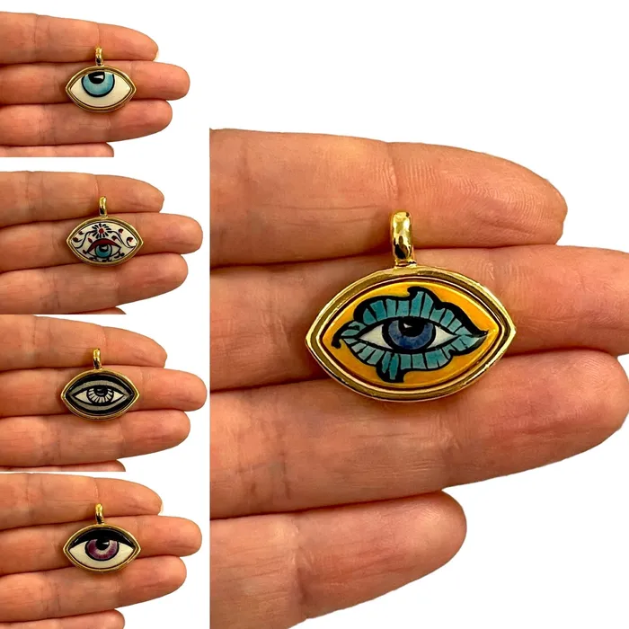 Necklaces Peppy Beads 24Kt Gold Plated Hand MadePaint Ceramic Eye Pendant