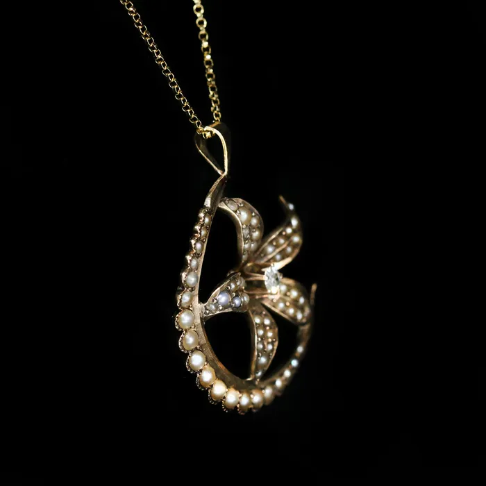 OTC Necklaces Victorian 011 Carat Old Mine Cut Diamond and Seed Pearl Pendant