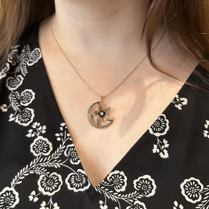 OTC Necklaces Victorian 011 Carat Old Mine Cut Diamond and Seed Pearl Pendant