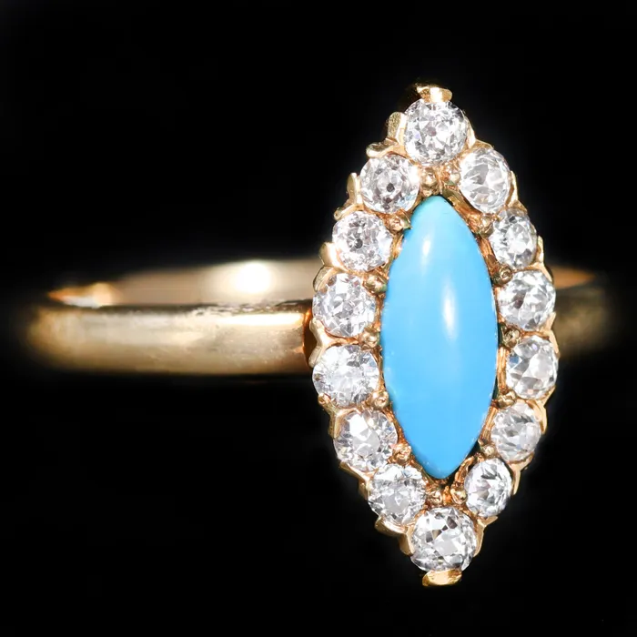 OTC Rings Victorian 18K Yellow Gold Turquoise and Old Mine Cut Diamond Ring OTC Rings Victorian 18K Yellow Gold Turquoise and Old Mine Cut Diamond Ring