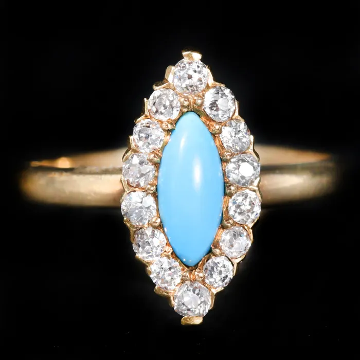 OTC Rings Victorian 18K Yellow Gold Turquoise and Old Mine Cut Diamond Ring